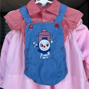 Vintage red white gingham train blue overalls romper 0-3 m